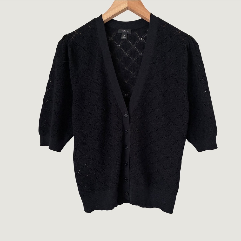 Ann Taylor Minimalist Black Pointelle Knit Cardigan V-Neck Puff Sleeve Sweater M